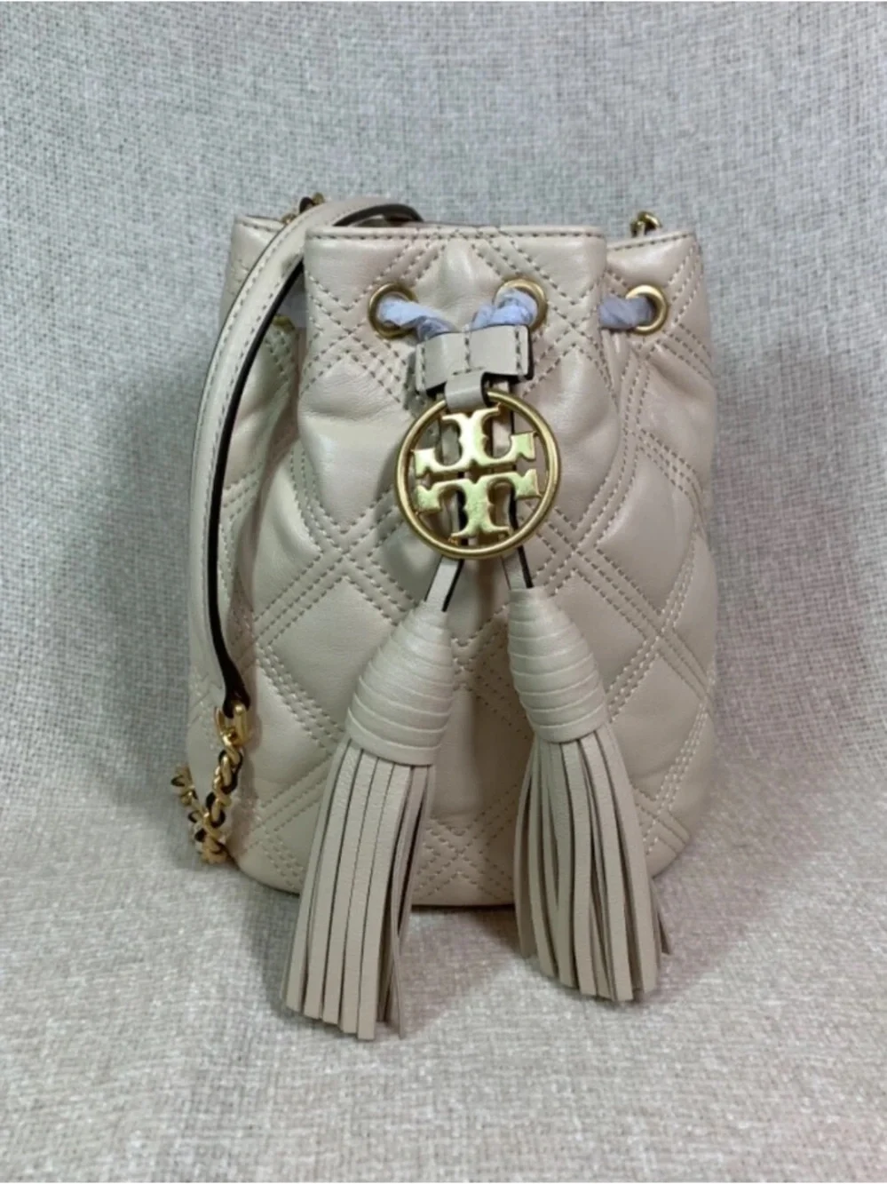NEW Tory Burch Soft Fleming Cream Leather Mini Bucket/Crossbody Bag/Shoulder Bag